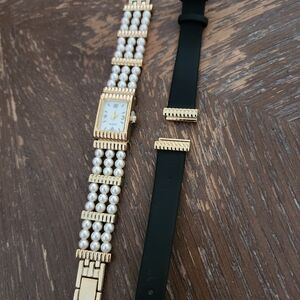 Elegant Gold and Black Women's Watch with Pearl Accents